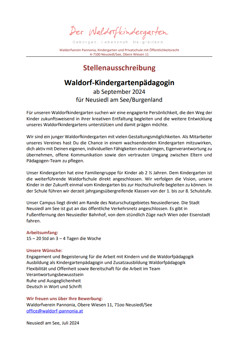 Kindergartenpädagogin-Stellenausschreibung ab September 2024